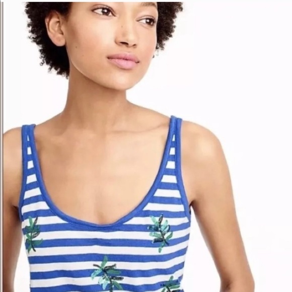 J Crew Palm Sequin Top Blue White Striped XXS NWT - Picture 2 of 4